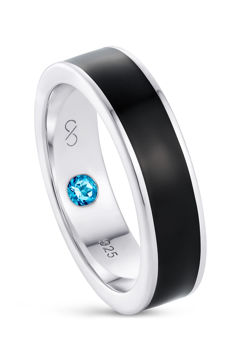 Sterling silver ring for him with hidden blue topaz and hand-applied midnight black enamel - Something Blue By Ostro