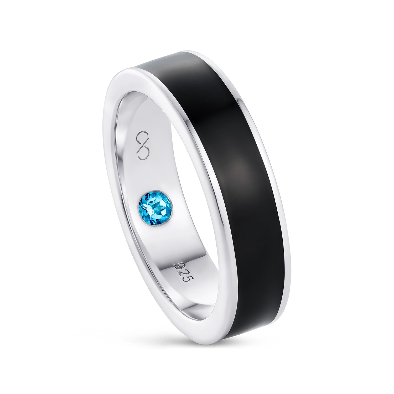 Sterling silver ring for him with hidden blue topaz and hand-applied midnight black enamel - Something Blue By Ostro