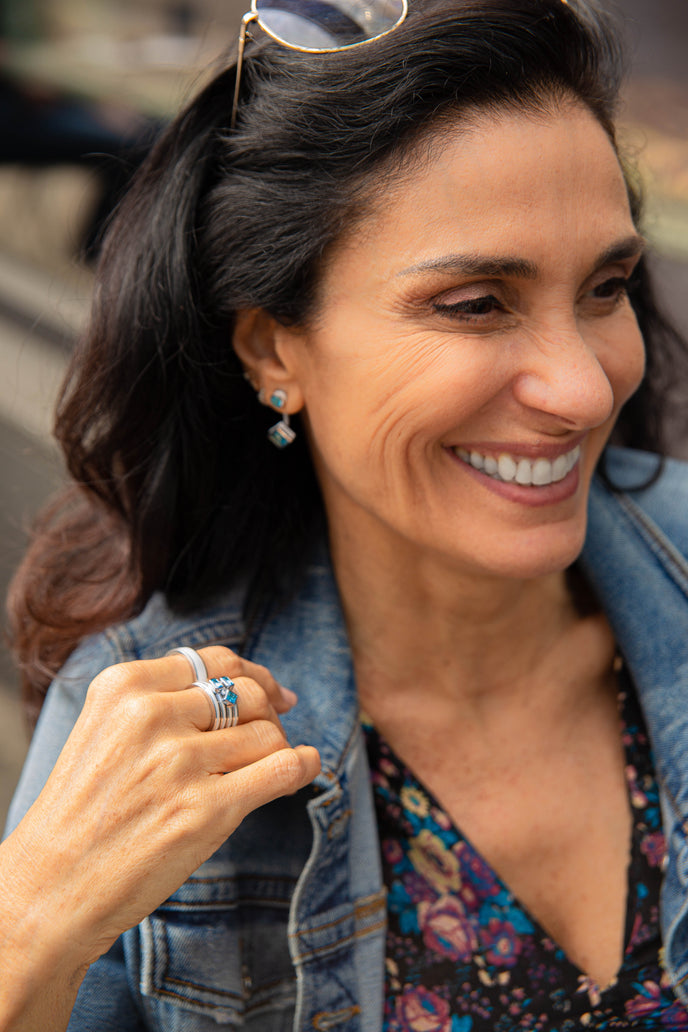 'Better Together' Octagon and Square Stacking rings set in Sterling silver with our 'Hidden Gem' ring for her worn by model