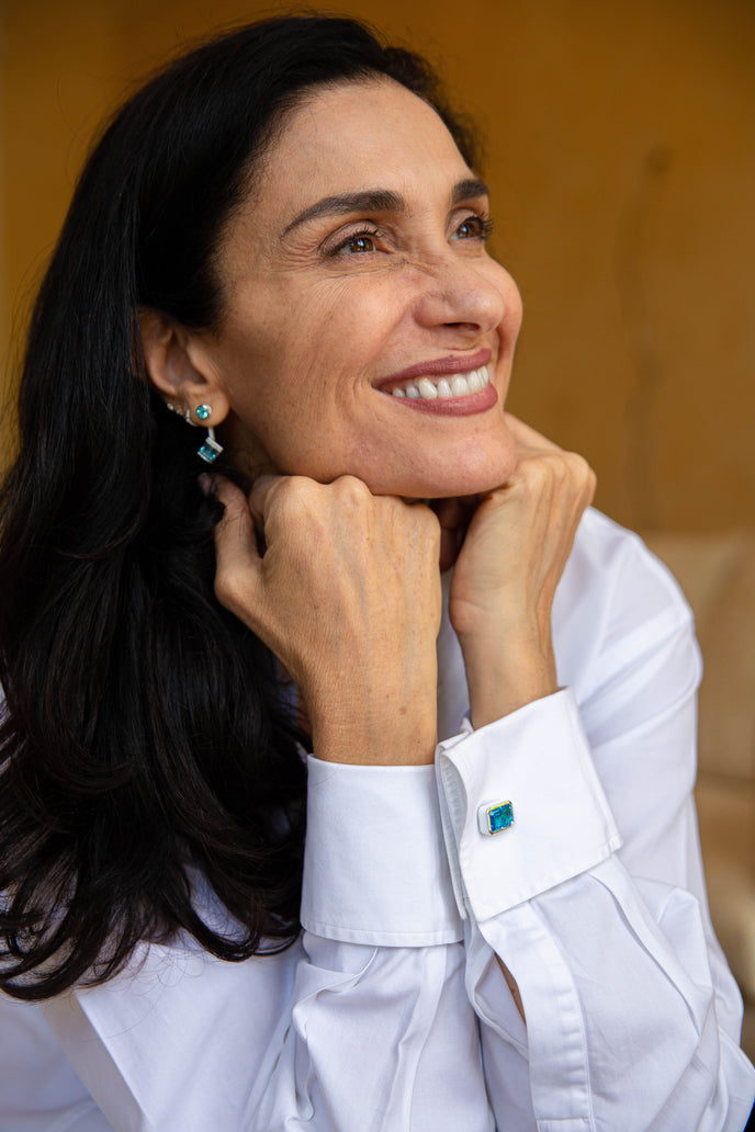 Our model wearing our ‘off the Cuff’ octagon cufflinks with a pair of Octagon Ostro Blue Topaz set in sterling silver as well as the ‘Mix and Match’ earring drops with a pair of square Ostro Blue Topaz set in sterling silver