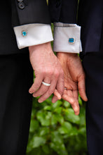 Load image into Gallery viewer, A modern couple wearing our ‘Off the Cuff’ octagon and cushion cufflinks along with the ‘Hidden Gem’ ring for him

